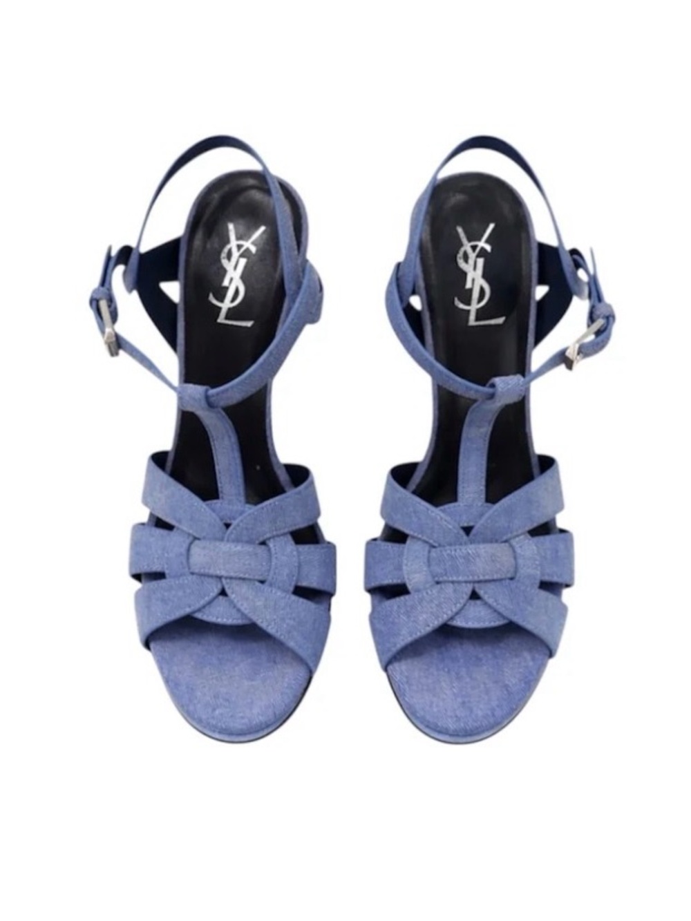 Saint Laurent Denim Knot T-Strap Sandals in Blue
